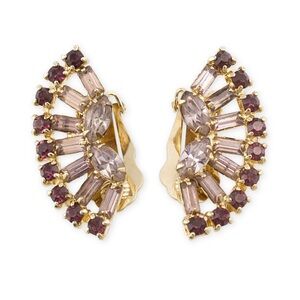 Vintage Purple Rhinestone Clip On Earrings Fan Shape Mid-Century Glam